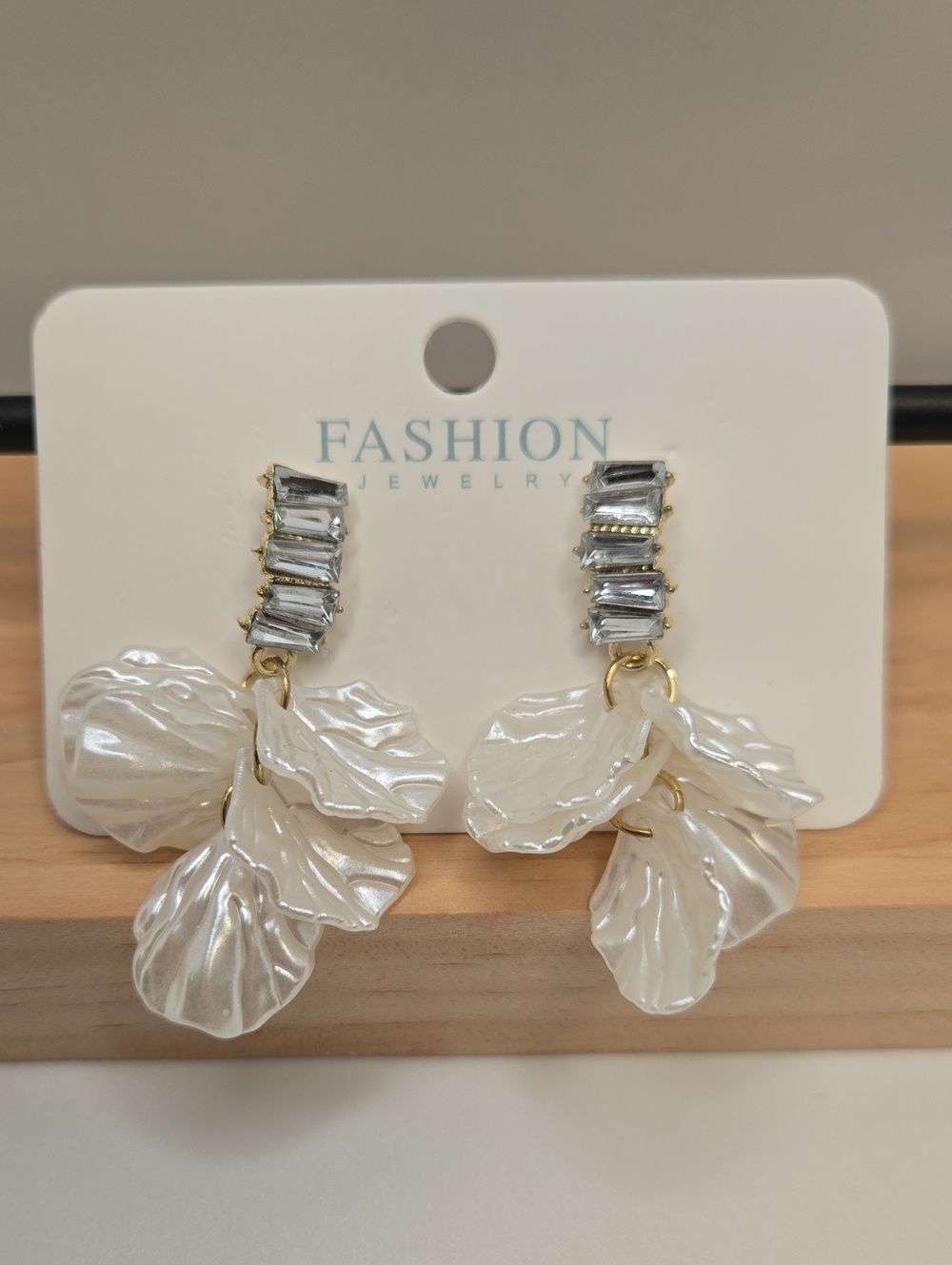 Pearl-Effect Petal Drop Earrings with Crystal Accents COSTUME JEWELRY
